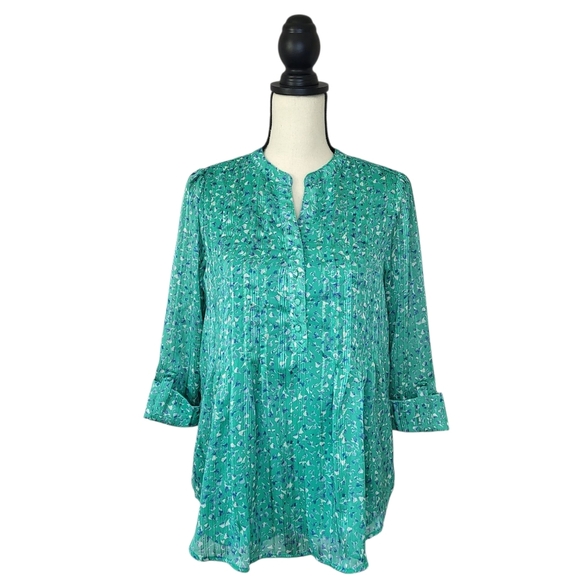 Kim Rogers Top Green Blue White Floral 3/4  Sleeve Pleated Button Front Size S - Picture 1 of 9